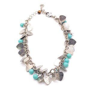 Xiomara Castro Silver Tone Heart Charm Ankle Bracelet with Aqua Beads
